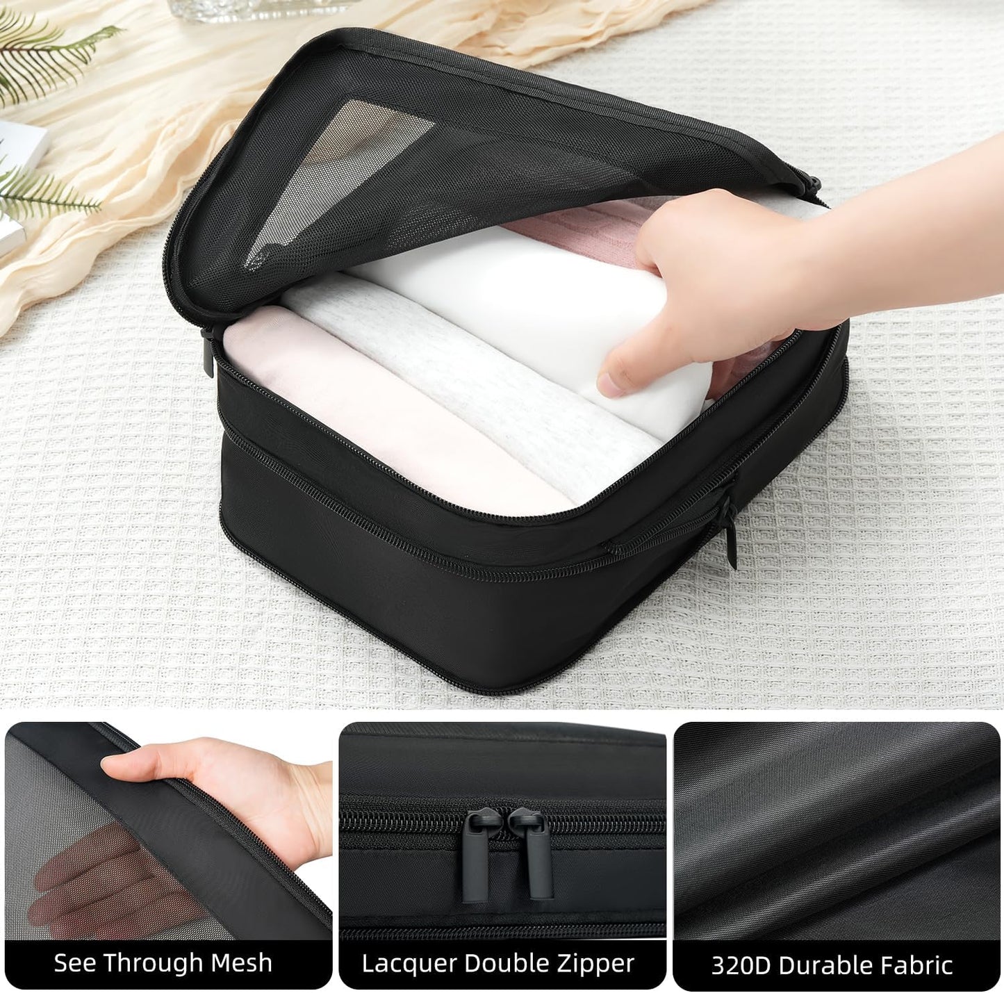 BAGAIL 4 Set/6 Set/8 Set Compression Packing Cubes Travel Accessories Expandable Packing Organizers (Square Mesh, 05-Black)