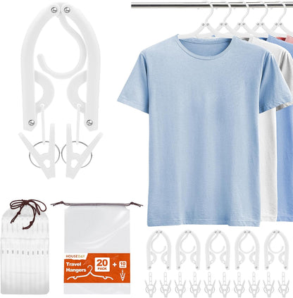 HOUSE DAY Foldable Travel Hangers 20 Pack w/10 Clips, Cruise Essentials 2025, Portable Hangers Collapsible Hanger Plastic, Travel Must Haves for Suitcase, Hotel, RV, Road Trip, Flying, Camping-White