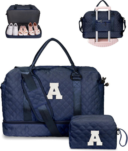 Women's Initial Duffle Bag - Personalized Weekender with Shoe & Makeup Compartments, Monogram Overnight Bag (Letter A)