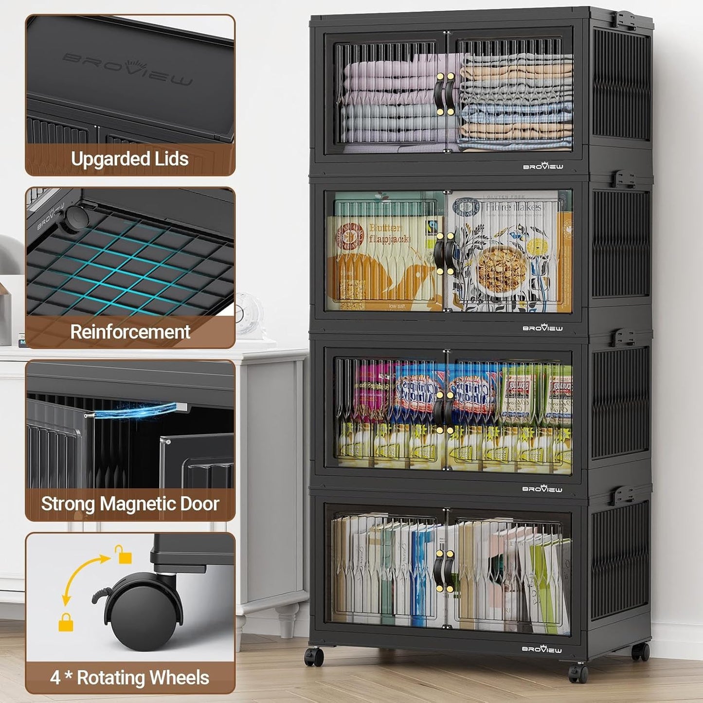 BROVIEW 480Qt Stackable Storage Bins with 4 Lids, Extra Large Closet Organizer Collapsible Drawer Boxes with Wheels, Folding Plastic Cabinet Containers for Home Kitchen Room Organization, 4Pack Black