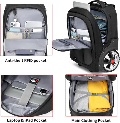 Rolling Backpack,Waterproof Backpack with Wheels for Business and Travel Commuter, Carry on Backpack with Laptop Compartment, Fit 17 Inch Laptop, Wheeled Backpack for Adults