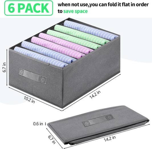 Jeans Organizer for Closet, Foldable Wardrobe Clothes Organizer with Handle, Stackable Closet Clothes Drawer Organizer Tshirts with 7 Grids for Leggings, Sweater, Jean, Pants, Grey (6 PACK)