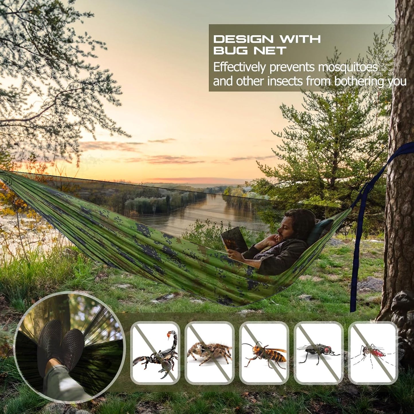 Camping Hammock, Portable Hammocks with Mosquito Net,Lightweight Nylon Parachute Hammock with 10ft Tree Straps,Camping Gear Must Haves for Travel,Hiking,Backpacking,Beach,Patio-Plaid Camouflage