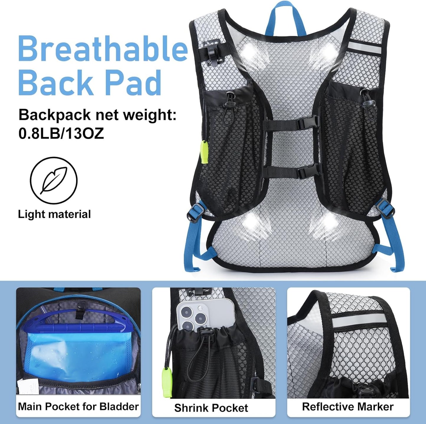 Lightweight Hydration Backpack, Running Backpack with 2L Water Bladder, Hydro Water Daypack for Cycling Hiking Rave for Men Women