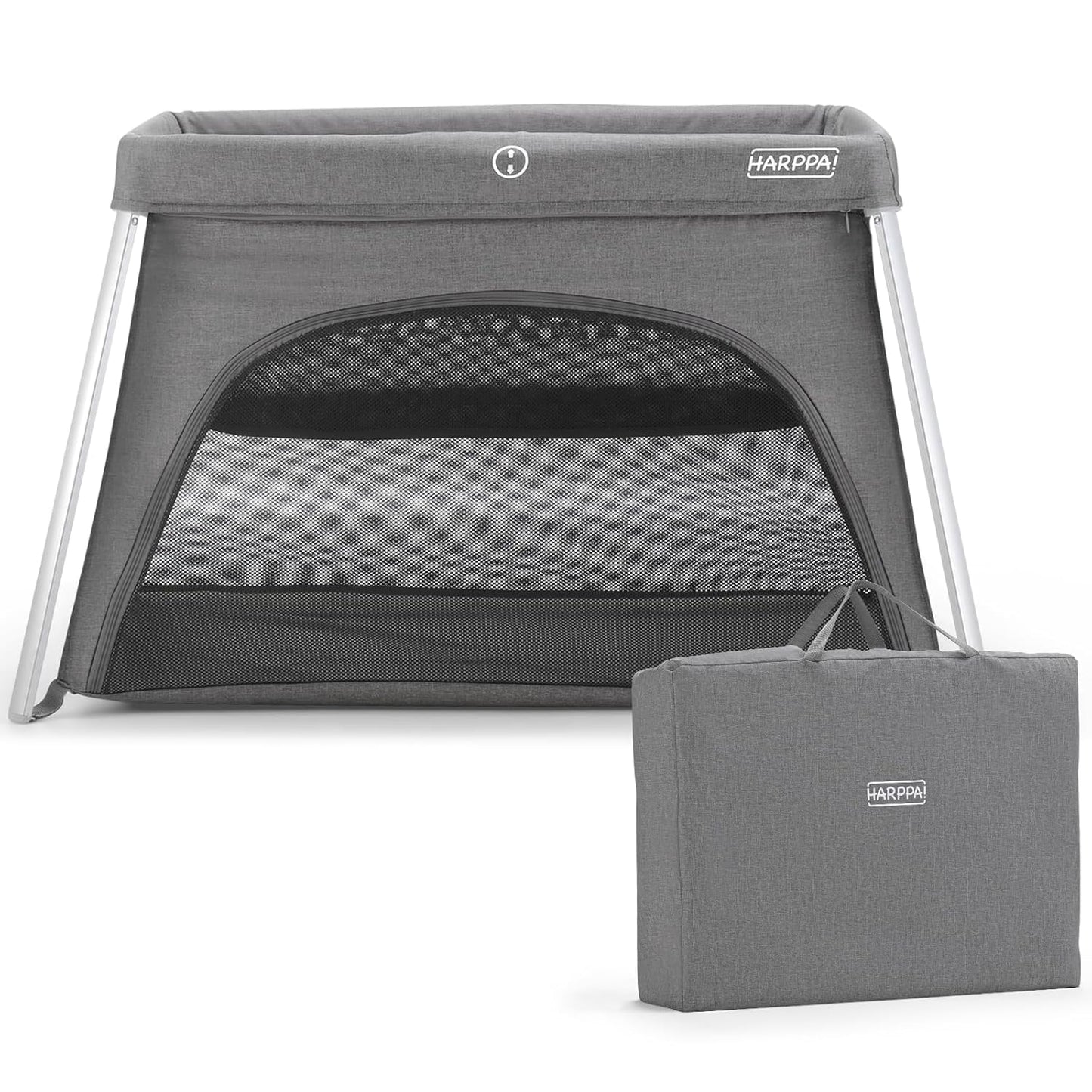 HARPPA Travel Crib with Comfy Mattress, Lightweight Portable Crib Requires No Assembly, Foldable Pack and Play for Baby and Toddlers, Compact Play Yard with Bed,Gray