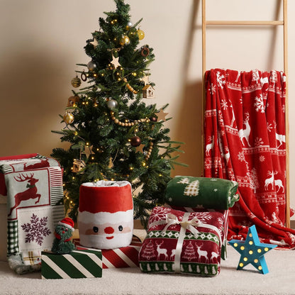 PHF Printed Fleece Blanket Queen Size, No Shed No Pilling Ultra Soft Plush Cozy Xmas Prints Theme Home Décor Flannel Blanket for Bed, Sofa, Couch and Gift, 90 "x 90", Reindeer and Trees, Red