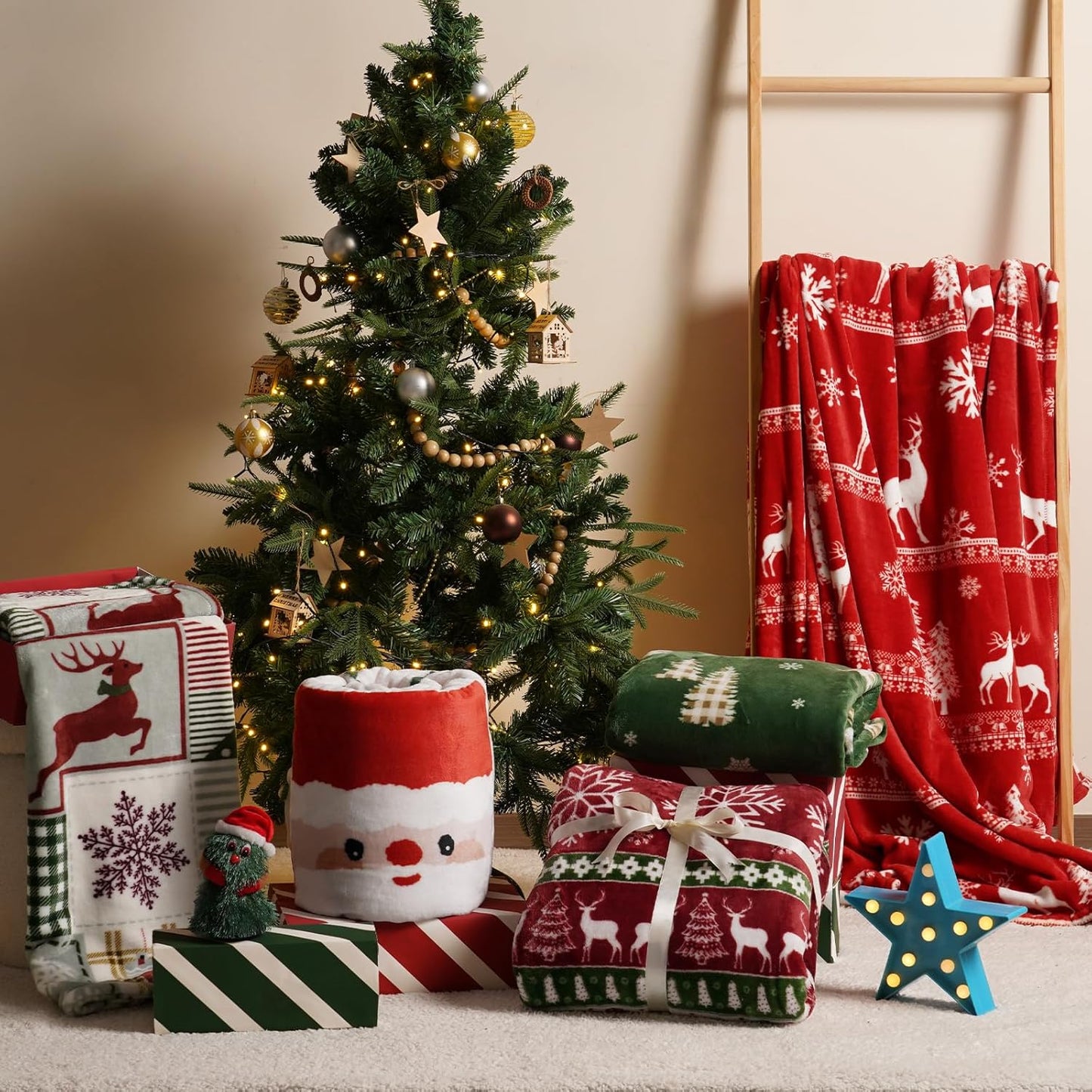 PHF Printed Fleece Blanket Twin Size, No Shed No Pilling Ultra Soft Plush Cozy Xmas Prints Theme Home Décor Flannel Blanket for Bed, Sofa, Couch and Gift, 66" x 90", Retro Christmas