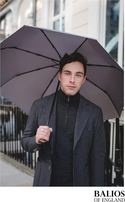 Balios (Designed in UK) Travel Umbrella Luxurious Golden Hardwood Handle Auto Open & Close Windproof Frame Single Canopy Automatic Folding Umbrella Men's & Ladies