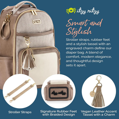 Itzy Ritzy Diaper Bag Backpack – Large Capacity Boss Plus Baby Backpack Diaper Bag Featuring 19 Pockets, Changing Pad, Stroller Clips, and Comfortable Straps (Vanilla Latte)
