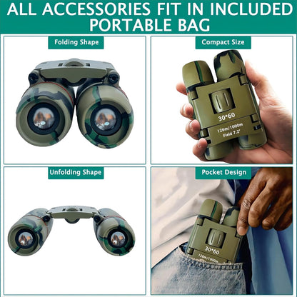 Compact 30x60 Binoculars for Adults and Kids,Foldable Lightweight Easy Focus Small Binoculars for Bird Watching Travel Sightseeing Hunting Concert Theater Opera