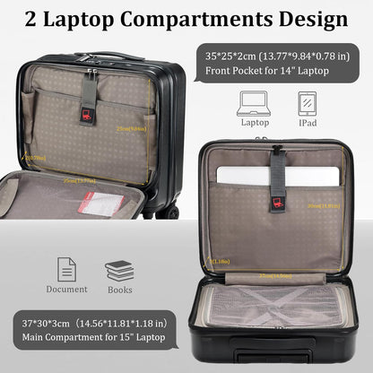 16 Inch Carry On Luggage with 2 Compartments for 14” & 15” Laptop, 16.14*8*17.12” Rolling Briefcase, Lightweight Hardshell ABS+PC Suitcase with Spinner Silent Wheels, for Business Trip, Black