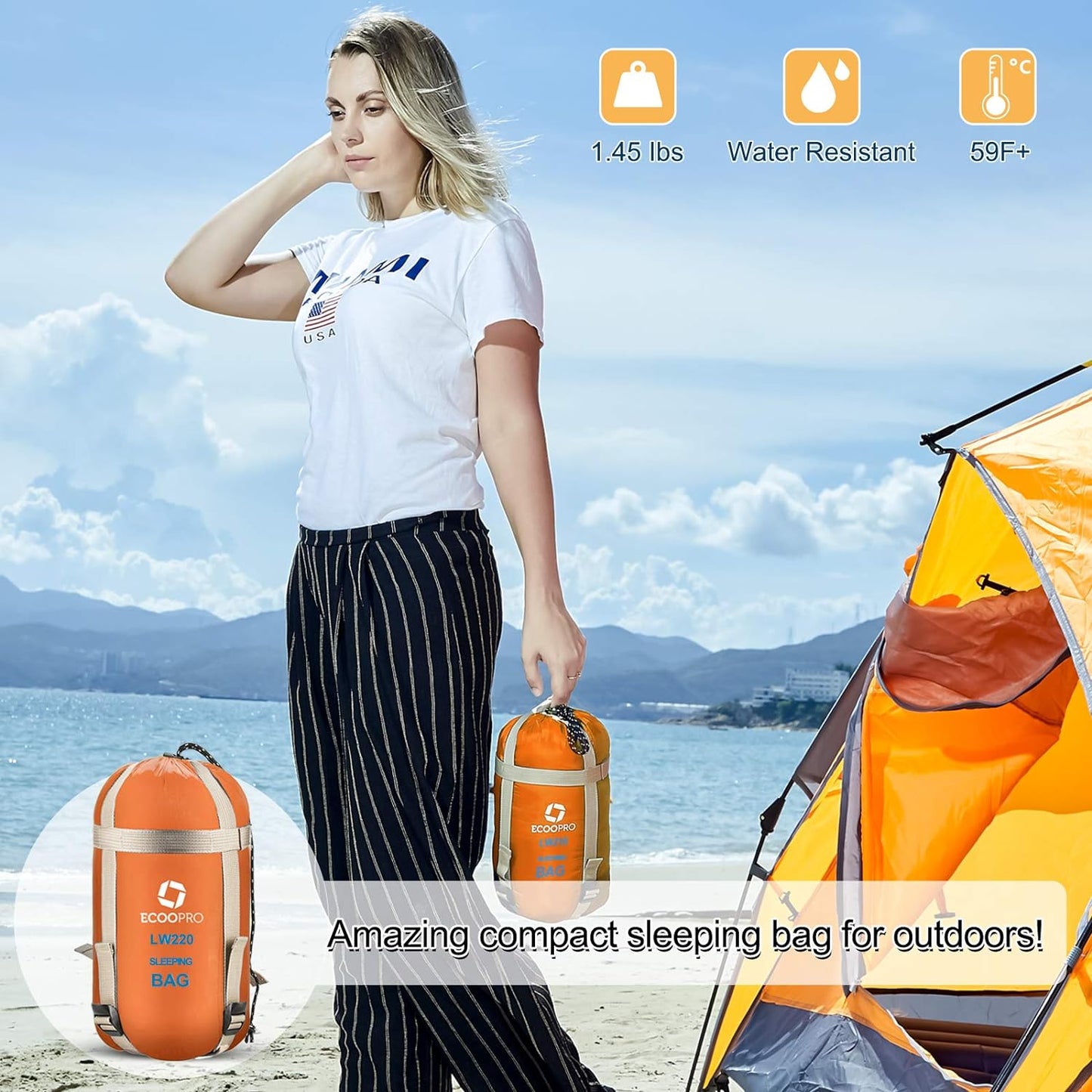 ECOOPRO Warm Weather Sleeping Bag - Portable, Waterproof, Compact Lightweight, Comfort with Compression Sack - Great for Outdoor Camping, Backpacking & Hiking-83 L x 30" W Fits Adults