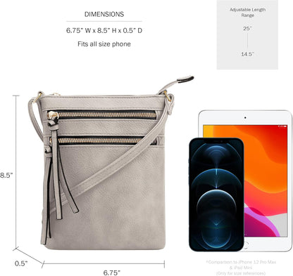DELUXITY | Crossbody Purse Bag | Functional Multi Pocket Double Zipper Purse | Adjustable Strap | Medium Size Purse | Grey
