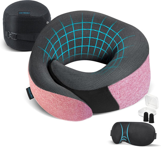 Pink Airplane Travel Pillow Set, 100% Pure Memory Foam Neck Pillow, Updated Material, Long Flight Travel Kit with 3D Contoured Eye Masks, Earplugs, and Luxury Bag