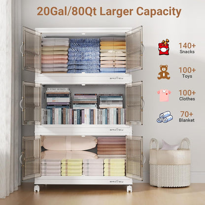 BROVIEW 240Qt Stackable Storage Bins with Lid, Extra Large Closet Organizer Collapsible Drawer Boxes with Wheels, Folding Plastic Cabinet Containers for Home Kitchen Room Organization, 3Pack White