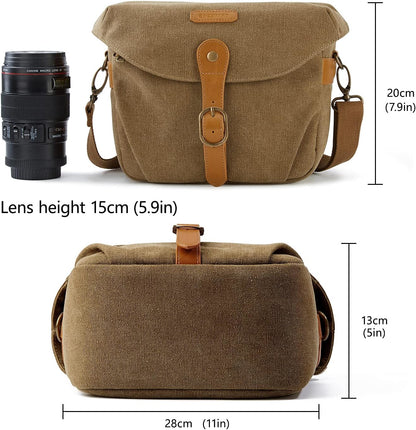 BAGSMART Camera Bag, SLR DSLR Canvas Crossbody Camera Case, Compact Camera Shoulder Bag with Rain Cover for Women and Men, Khaki