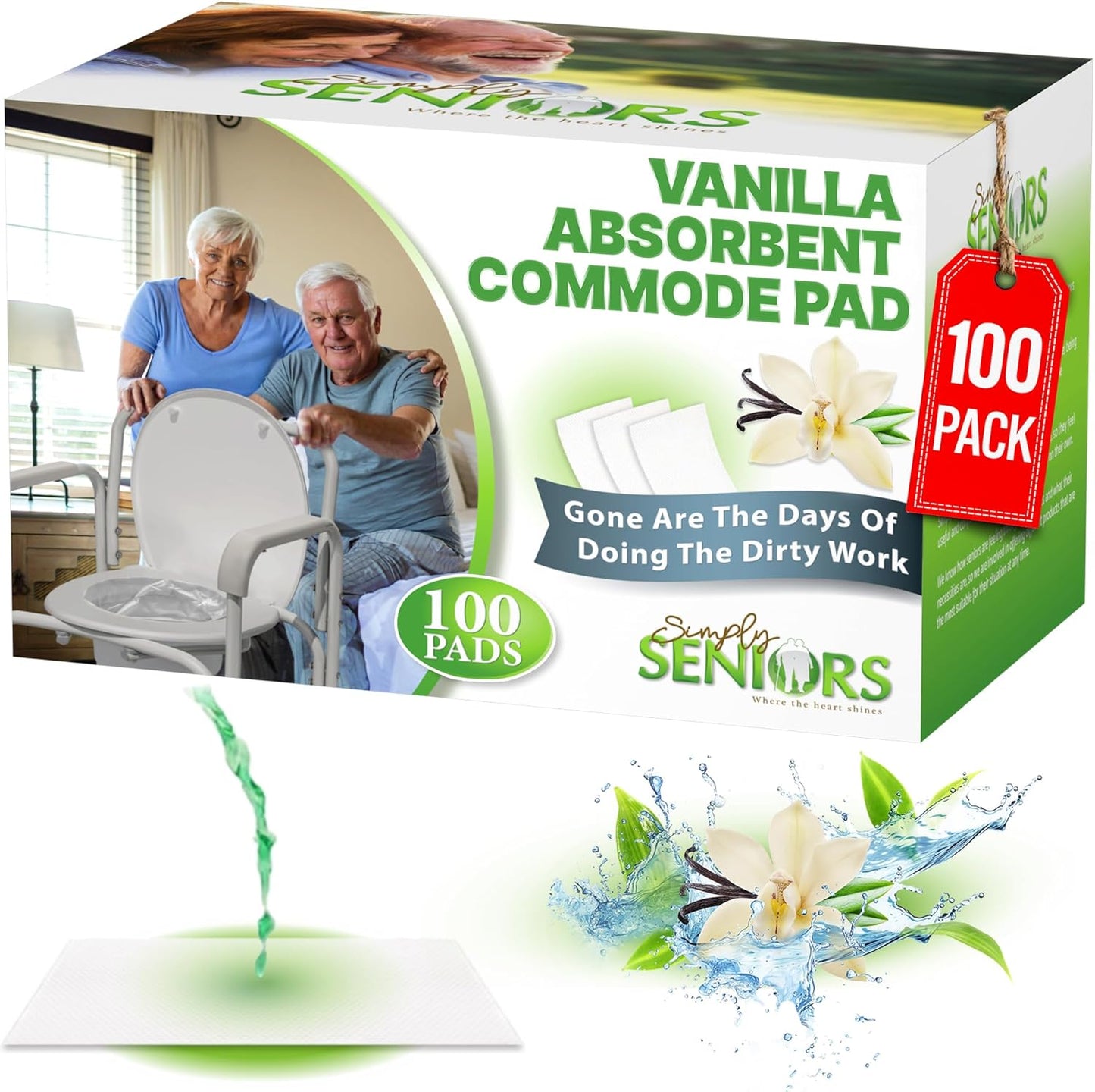 Commode Absorbent Pads for Bedside Commode Liners - 100 Vanilla Scented Pads for Portable Toilet Bags, Bedside Toilet Liners, Potty Bags for Portable Toilet, Potty Chair Liners - No More Dirty Works
