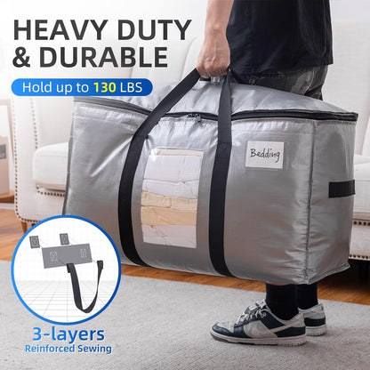TAILI Extra Large Moving Bags, 4 Pack Silver Heavy Duty Totes For Storage with Visible Window, Wrap Around Handles, Space Saving Storage Bags for Moving Supplies, Alternative to Moving Boxes