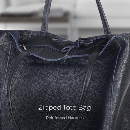 Italian Calf Leather Tote for Women with Zipper, Inner Pocket & Flat Base | Soft Unlined Shopper for Work & Travel