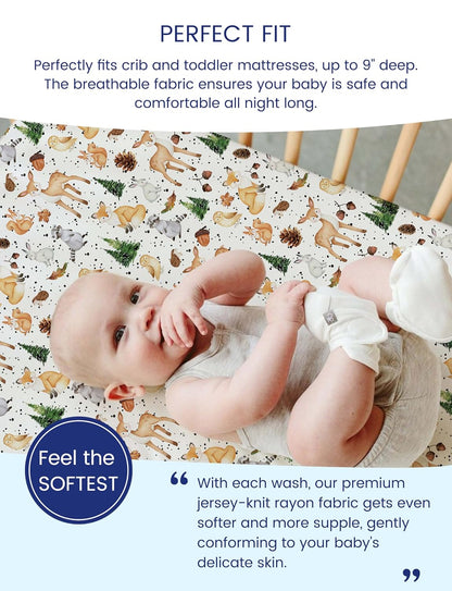 TotAha Crib Sheets for Boys Girls, Premium Soft Crib Mattress Fitted Sheet, Super Stretchy Jersey Knit Baby Sheets, Silky Comfort Baby Bed Sheets 28x52x9 Extra Deep Pocket, 2 Pack (Forest Animals)