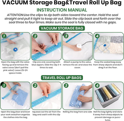 Vacuum Storage Bags,30Pack Vacuum Seal Bags for Clothing,Travel,Clothes,Comforters,Blankets,Pillows-6 Jumbo+6 Large+6 Medium+6 Small+6 Roll Up Space Saving Bag Hand Pump Included