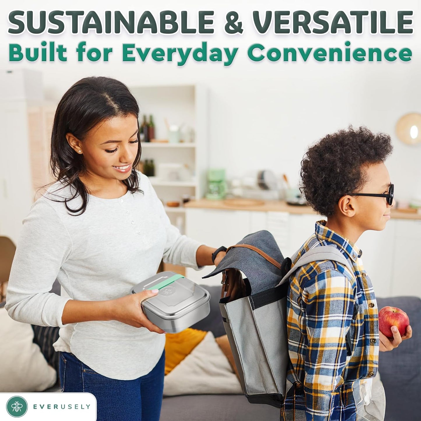 Everusely - Bento Box - Green, 60oz / 1.8 L - Stainless Steel Lunch Box with Leakproof Condiment Container - 3 Compartment Snack Organizer for On the Go Meals - Freezer & Dishwasher Safe