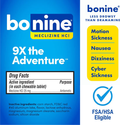 Bonine Non-Drowsy for Motion Sickness Relief, Sea Sickness, Car Sickness, Nausea, & Vomiting - Meclizine HCI 25mg, Travel-Sized - 16ct Raspberry Chewable Tablets (Packaging May Vary)