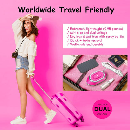 Newbealer Travel Iron with Dual Voltage - 120V/220V Lightweight Dry Iron for Clothes (No Steam), Non-Stick Ceramic Soleplate, 302℉ Heat Press Machine, w/Spray Bottle, Pouch & Silicone Stand (Hotpink)