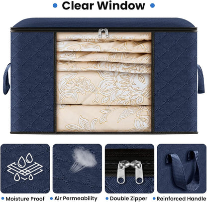 Fab totes 4 Pack Clothes Storage, Foldable Thick Fabric Blanket Storage Bags, Containers for Organizing Bedroom, Closet, Clothing, Comforter,Closet Organization with Handle,Blue