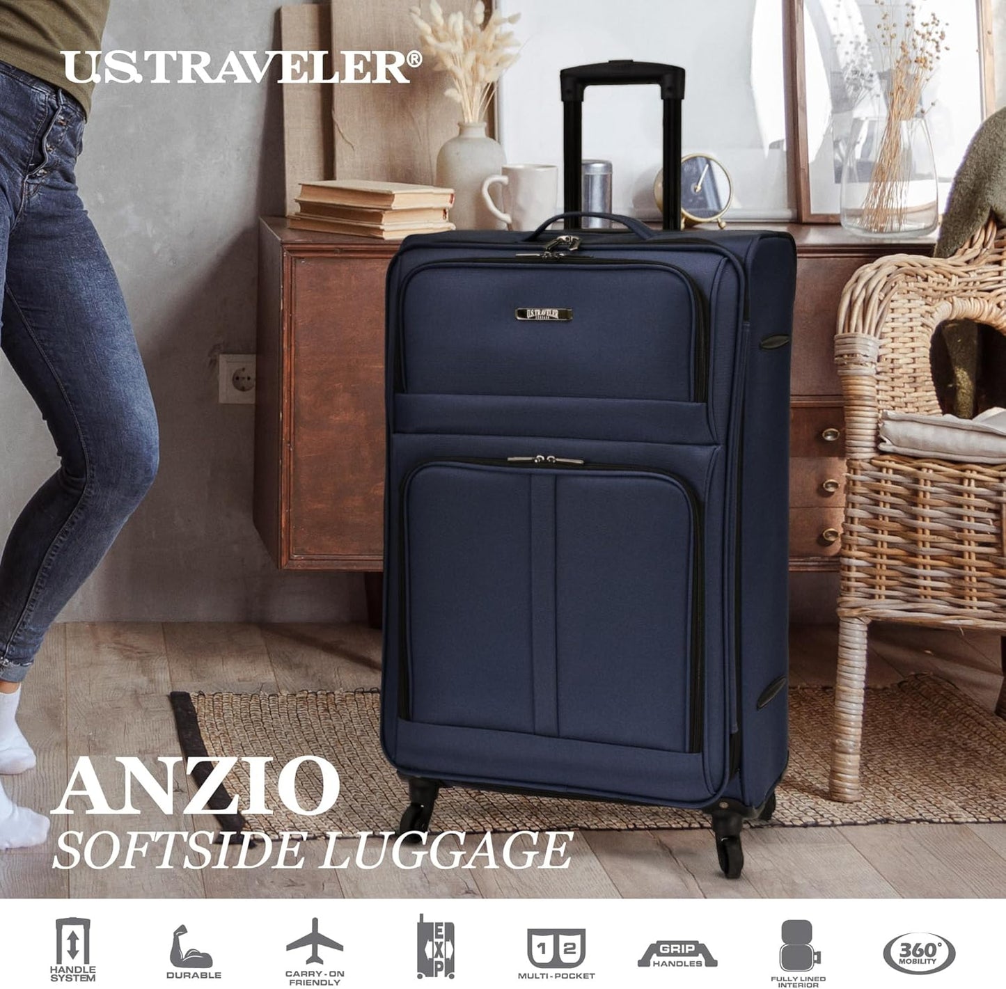 U.S. Traveler Anzio Softside Expandable Spinner Luggage, Teal, 3-Piece Set (22/26/30)