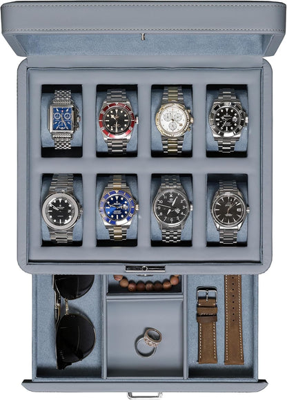 ROTHWELL 8 Slot Leather Watch Box with Drawer - Luxury Case Display Jewelry Organizer, Locking Display Case Holder with Real Glass Top - Watch Box Organizer for Men & Women (Artic Mist)