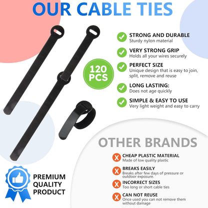 120 PCS 5/6/8 Inch Cord Wraps for Charging Cords – Data Cable Organizer Ties – Reusable Cable Ties – Electrical Wire Straps, Black