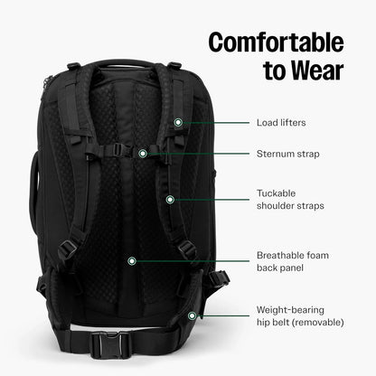 Tortuga 40L Travel Backpack Lite, Black - Large Carry-On Travel Backpack for Men and Women - Durable, Comfortable, Easy to Pack, Airline-Approved Bag with Laptop Compartment