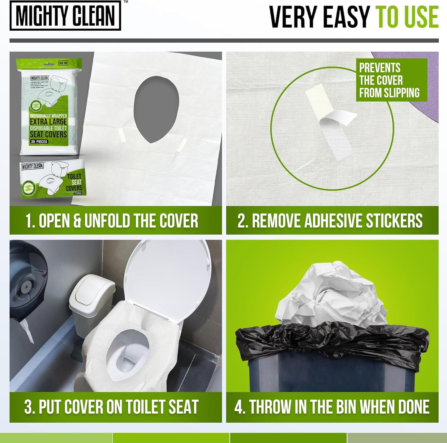 XL Disposable Toilet Seat Covers by Mighty Clean｜100% Waterproof ｜Individually Wrapped, Extra Wide Covers for Adults and Kids｜20 Count