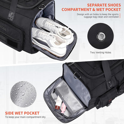 WITZMAN Travel Duffel Bags for Men Large Carry On Weekender Overnight Bag 3 in 1 Backpack with Shoe Compartment （B693 Black）