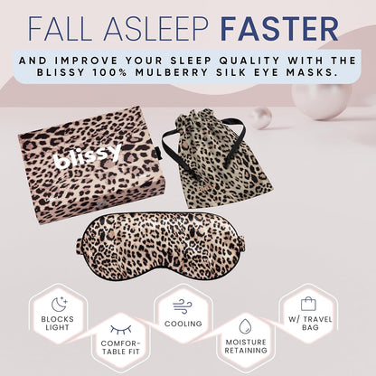 Blissy Silk Sleep Mask - Silk Eye Sleeping Mask for Women & Men for Total Blackout - 100% Pure Mulberry Silk, 22 Momme 6a Fibers - Blindfold Silk Sleep Mask Side Sleeper Eye Cover (Leopard)