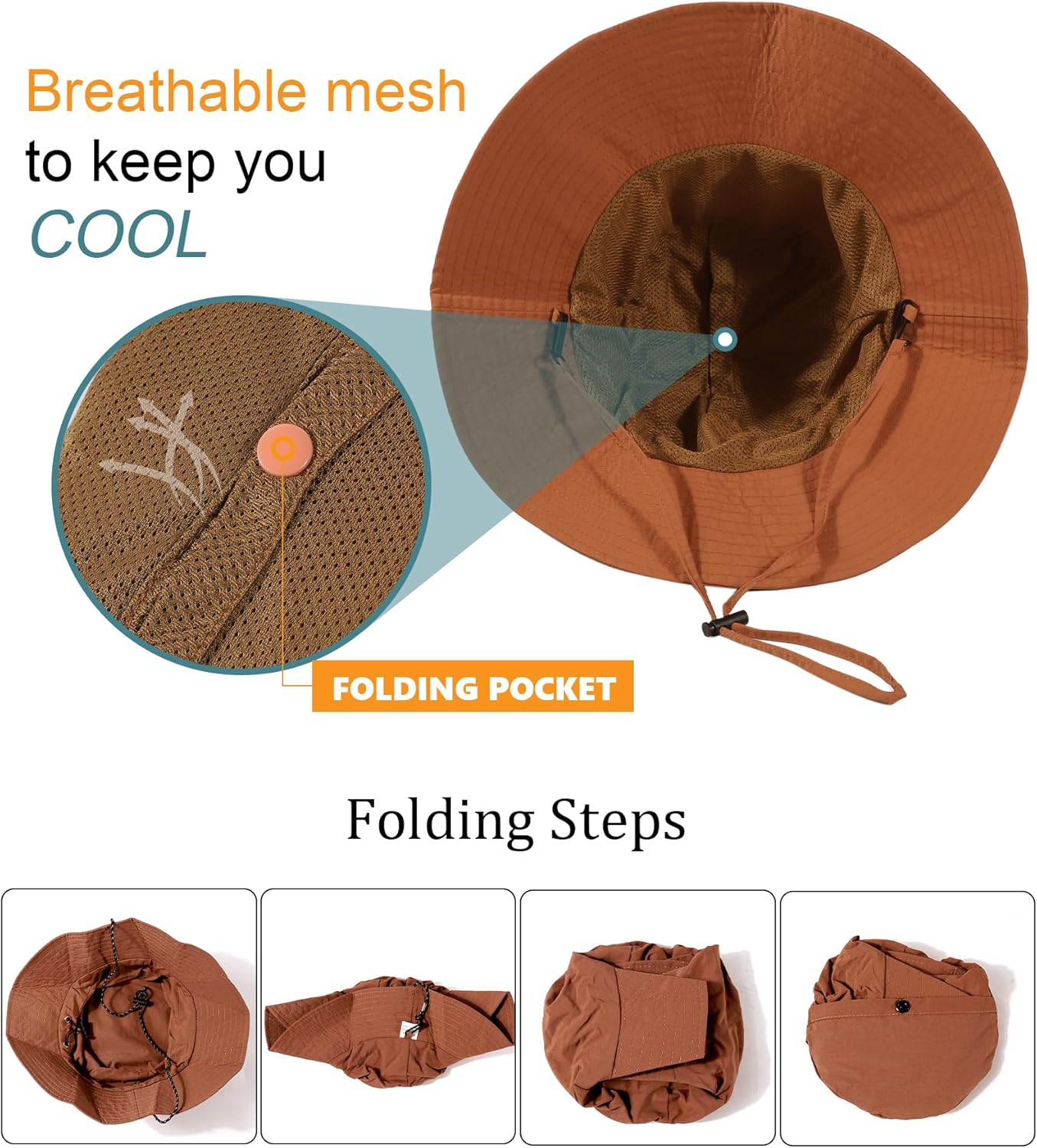 Water-Resistant Sun UPF 50+ Bucket Hat Protection Packable Brimmed Boonie for Women Men Summer Lightweight Hiking Outdoor Cap