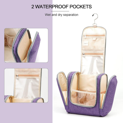 Hanging Travel Toiletry Bag for Women and Men, 6 Organizer Compartments, Extra Large Toiletries Bag, Bathroom Cosmetic Bag, Water-resistant Makeup Bag, Holds Full-Size Shampoo, Purple