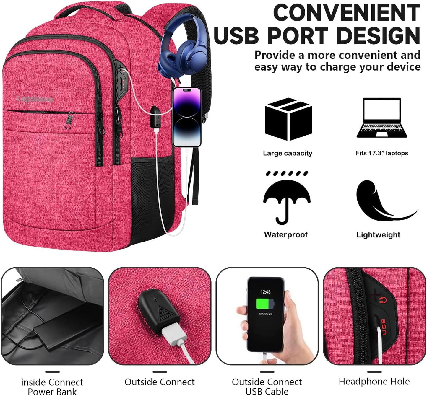 Lapsouno Travel Laptop Backpack, 15.6 Inch Travel Laptop Backpack, Water Resistant Casual Hiking Daypack, Computer Bag with USB Port, College School Business Backpack for Women, Pink