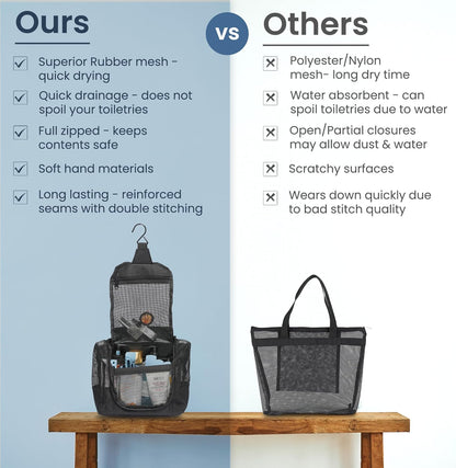 The Fine Living Co. Portable Hanging Shower Caddy Organizer Bag (Free Toiletries Case+Metal Hook) Quick Dry Mesh Shower Caddy Tote Bag Pouch For Bathroom College Dorm Camp Gym Camping 10”x4”x8”(Black)
