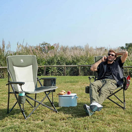 EVER ADVANCED Oversized Folding Camping Chair, for Adults Heavy Duty Lawn Chair with Side Pockets, Portable Collapsible Quad Chair for Outside, Support Up to 500lbs, Green