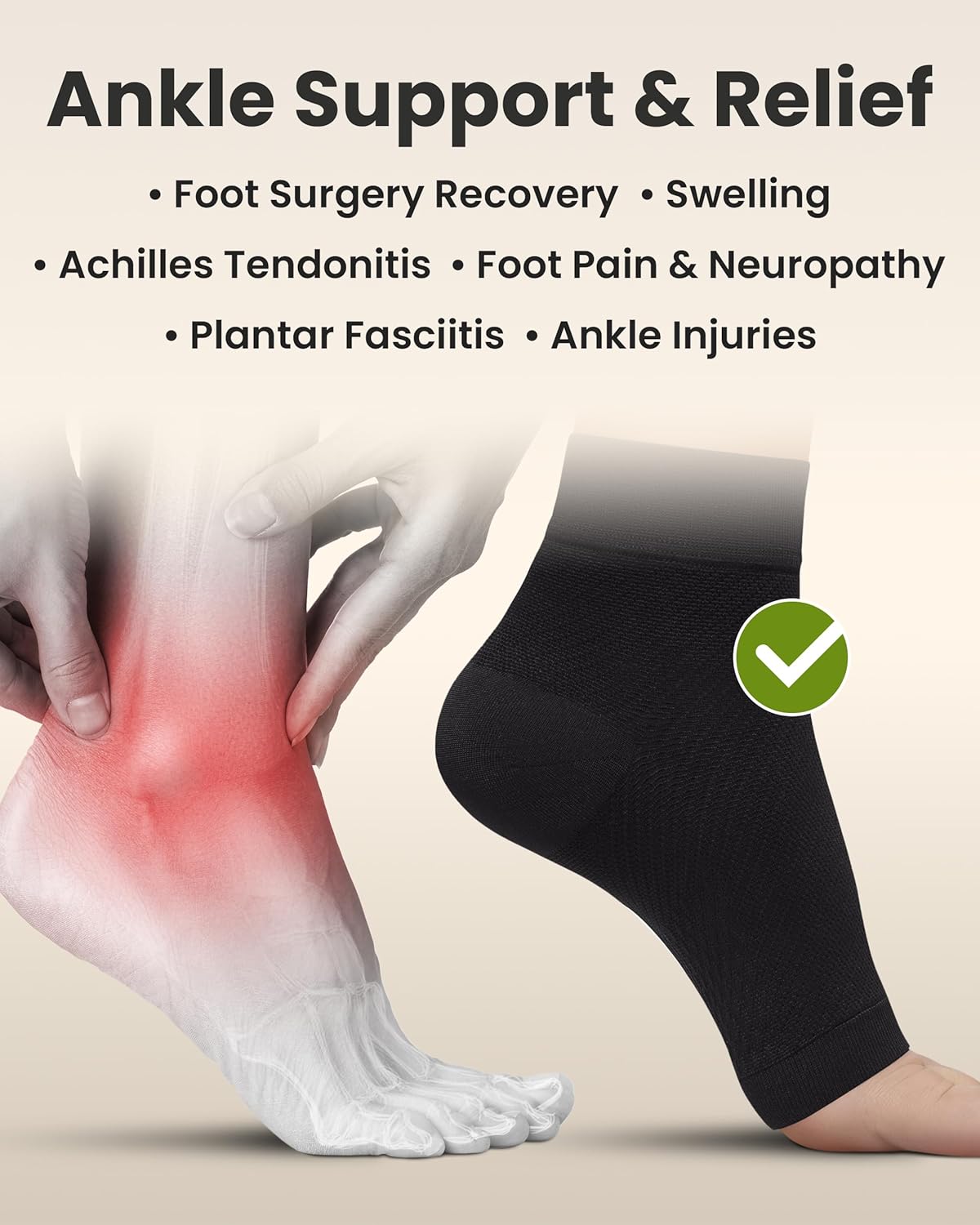 KEMFORD Ankle Compression Sleeve - Plantar Fasciitis Braces - Open Toe Compression Socks for Swelling, Sprain, Neuropathy, Foot Arch Support for Men and Women - 20-30mmhg, XL, Black