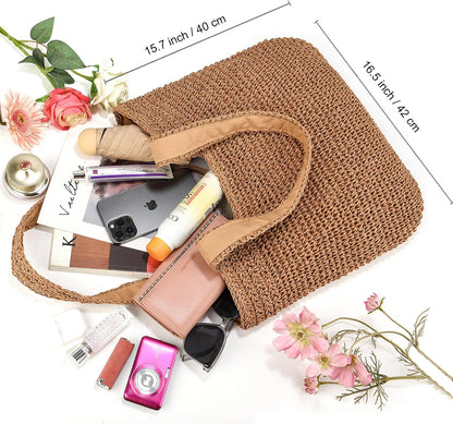 Straw Beach Bags for Women Woven Beach Tote Bag Casual Boho Large Shoulder Handbags Purse for Vacation Holiday