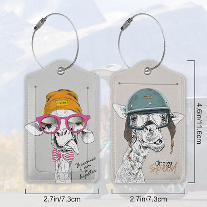 Funny Giraffe 2 Pack Luggage Tag for Suitcase, Cute Unique Leather Bag Tags Identifiers Privacy Cover ID Label with Durable Steel Loop for Women Men Kids Girls Travel