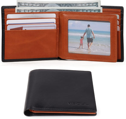 VISOUL Mens Bifold Wallet with 2 ID Windows and 2 Money Compartments, Genuine Leather Designer Wallet with RFID Blocking, Stylish Two-tone Back Wallet for Men (Black and Orange)
