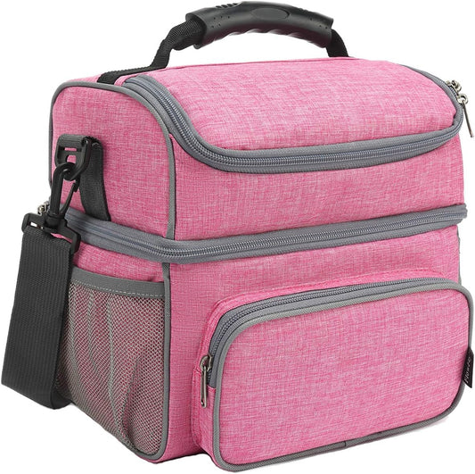 FlowFly Double Layer Cooler Insulated Lunch Bag Adult Lunch Box Large Tote Bag for Men, Women, With Adjustable Strap,Front Pocket and Dual Large Mesh Side Pockets