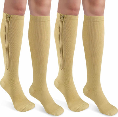 CASMON 2 Pairs Zipper Compression Socks for Women & Men, 15-20 mmHg Closed Toe Knee High Support Sock with Zipper for Varicose Vein Edema