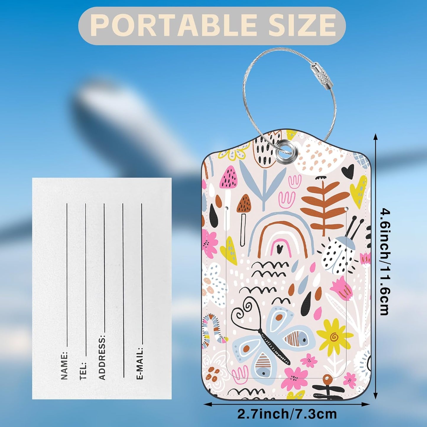 2 Pack Luggage Tags for Suitcases Rainbow Butterfly Mushroom Flower Leather Luggage Tags Privacy Cover ID Label with Stainless Steel Loop and Address Card for Women Men Travel Bag Backpack