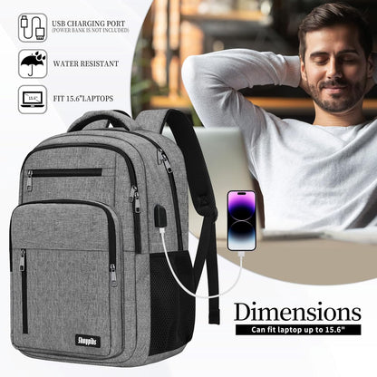 Backpack for Women Men, School Backpack for Boys Girls Teens, Work Computer BookBag, 15.6 inch Laptop Water Resistant Anti Theft Backpack Gifts for men women, Grey