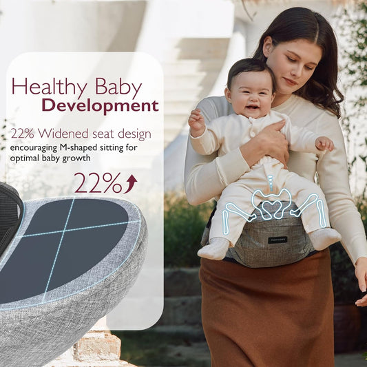 Momcozy Hip Seat Baby Carrier - Adjustable Waistband with Original 3D Belly Protector, Ergonomic Carrier with Various Pockets for Toddlers up to 45lbs (Grey, Medium 27-45IN)